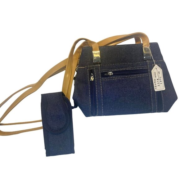 Unbranded Handbags - Denim & Faux Leather Crossbody Handbag With Phone Pouch Blue Tan